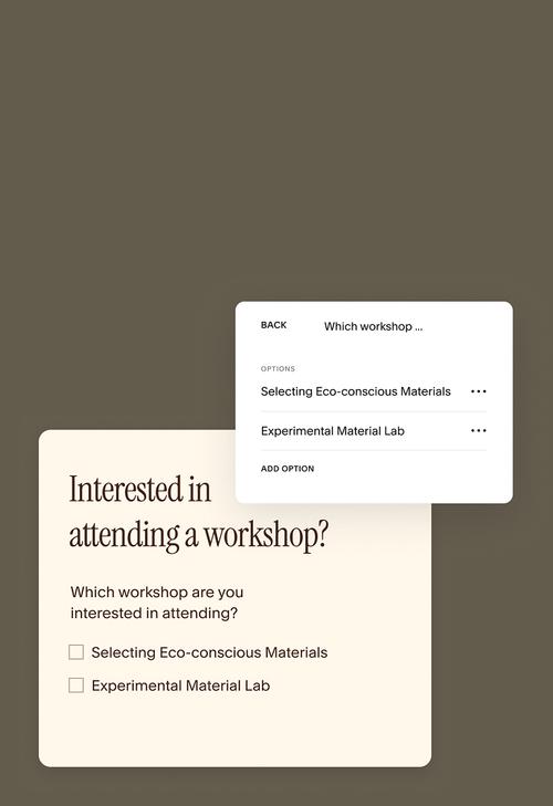 Workshop registration form listing options for Selecting Eco-conscious Materials and Experimental Material Lab.