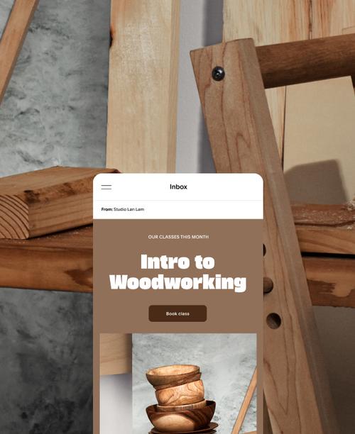 木工スタジオの新しい月次ワークショップ用の、カスタム ブランドが設定されたメールマーケティング・キャンペーン。