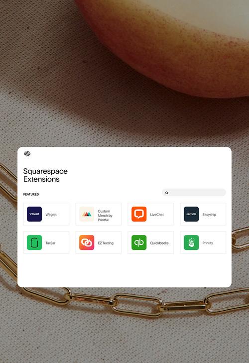 Dashboard delle estensioni di Squarespace che mostra le integrazioni principali, tra cui Weglot, Printful, LiveChat, Easyship, TaxJar, EZ Texting, QuickBooks e Printify.