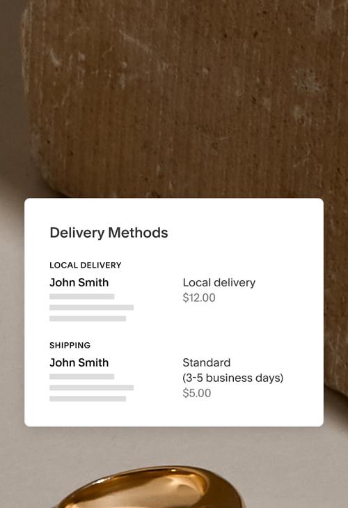 Shipping and delivery methods available through Squarespace for merchant’s online customers, including local delivery or standard shipping.