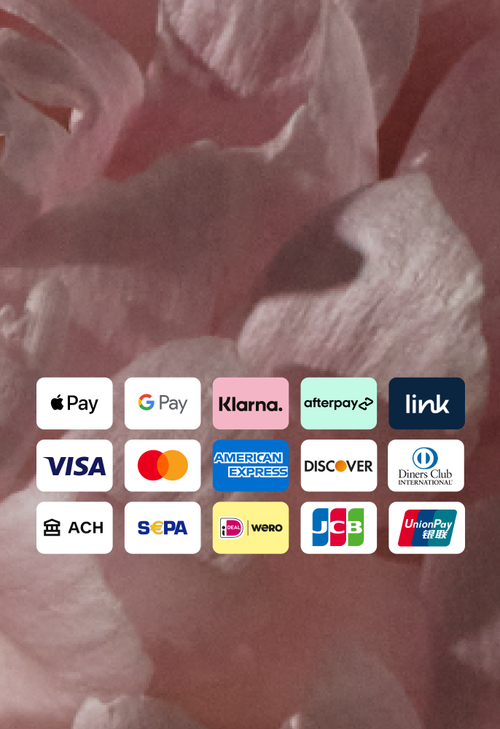 Aggregate of payment method options: Apple Pay, Klarna, afterpay, ACH, link, VISA, Mastercard, American Express, Discover, Diners Club International, JCB, Union Pay