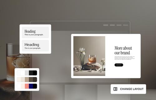 Squarespace’s guided design experience shows a custom website being built from curated font packs, color palettes, and content layouts