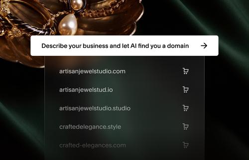 Various AI-generated domain names for an artisanal jewelry studio available for purchase.