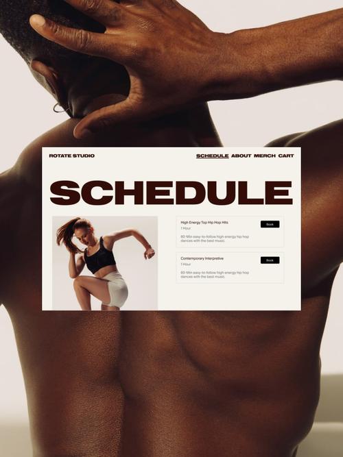 A fitness brand website with off-white background, maroon text, and a woman working out, offering scheduling capabilities with fitness professionals.