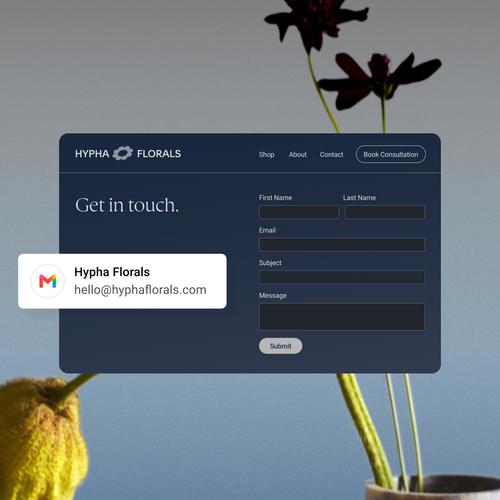 A Hypha Florals contact form on a floral background, with a notification card showing the custom business email hello@hyphaflorals.com.