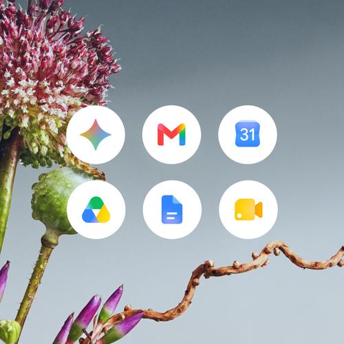 Icons for Google Workspace apps (Gemini, Gmail, Calendar, Drive, Docs, and Meet) overlaid on a floral photograph.