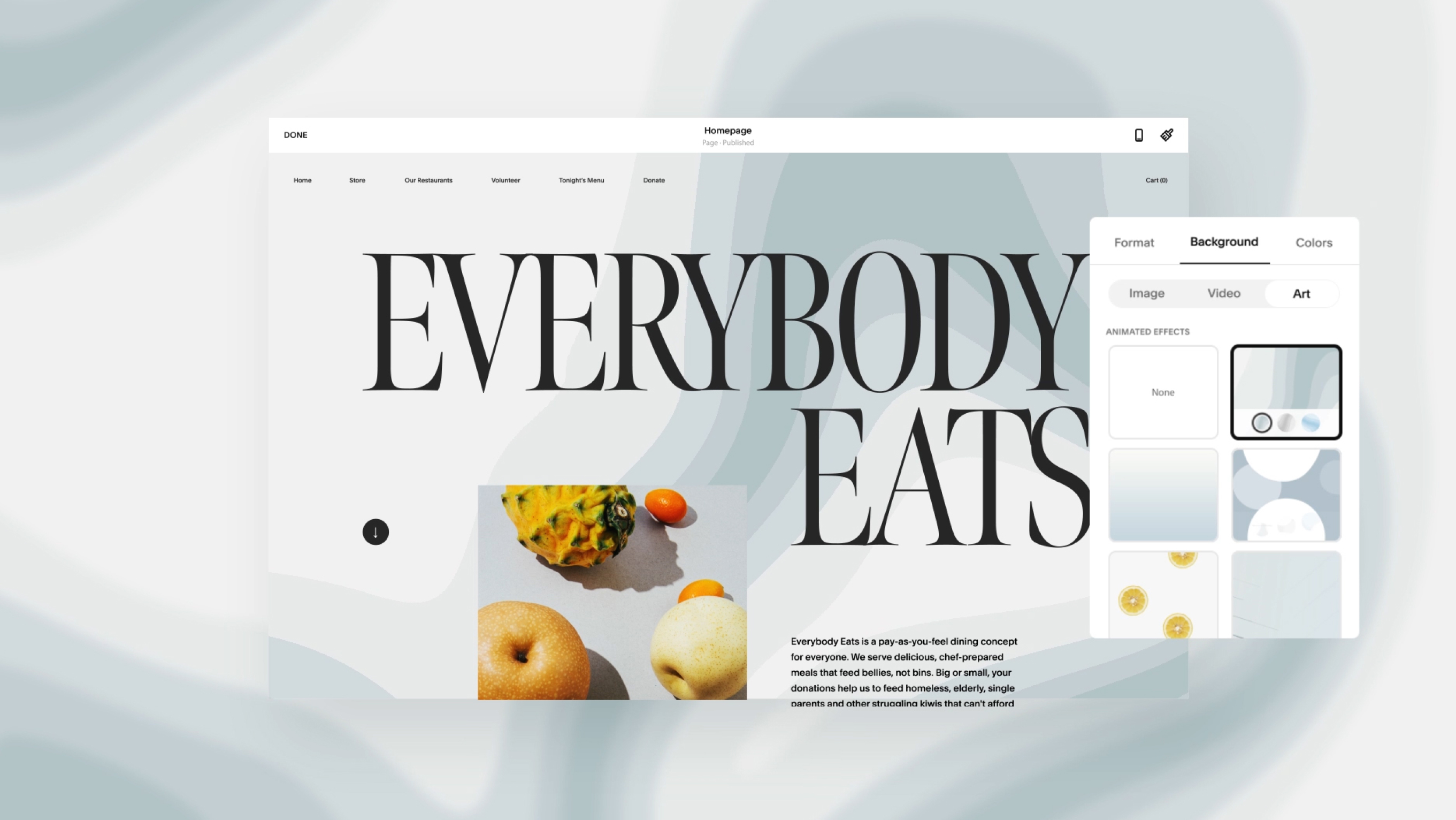 Exemple d'arrière-plans Squarespace en mouvement