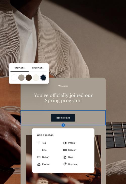 A welcome email preview alongside site and email color palette controls, shown over a photo of a musician playing acoustic guitar.