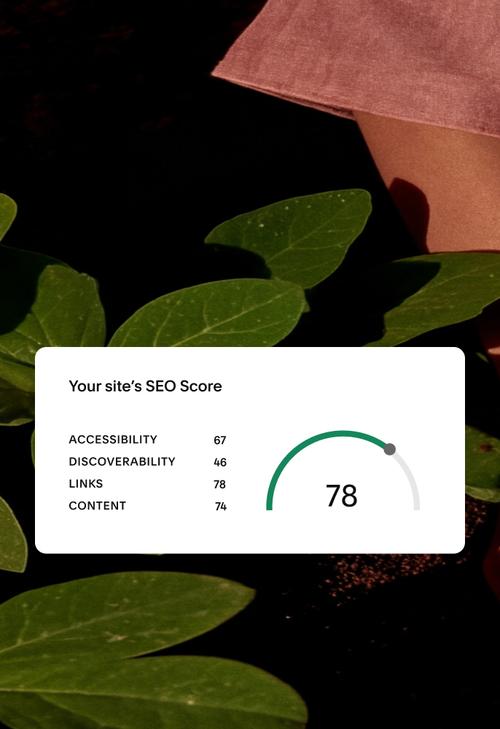 A site SEO Score card overlaying a photo of hands tending to leafy plants, showing scores for accessibility, discoverability, links, and content with an overall score of 78.
