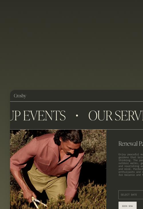 A website homepage for a wellness service showing navigation links and a service card for a Renewal Package with a booking form.