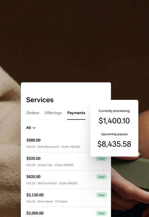 Services dashboard UI showing a Payments tab with currently processing amount $1,400.10 and upcoming payout $8,435.58.