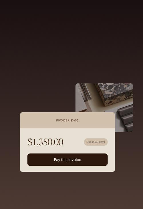 Invoice UI showing invoice #123456 for $1,350.00 due in 30 days with a "Pay this invoice" button, overlaid on a desk scene.