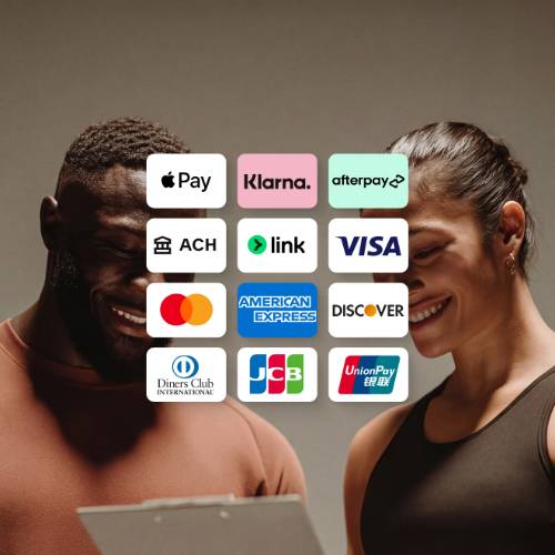 A grid of payment method logos including Apple Pay, Klarna, Afterpay, ACH, Visa, Mastercard, American Express, and Discover, overlaid on a photo of two people.