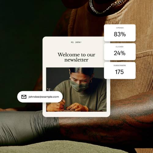 An email newsletter preview titled "Welcome to our newsletter" alongside campaign statistics: 83% opened, 24% clicked, and 175 subscribers.