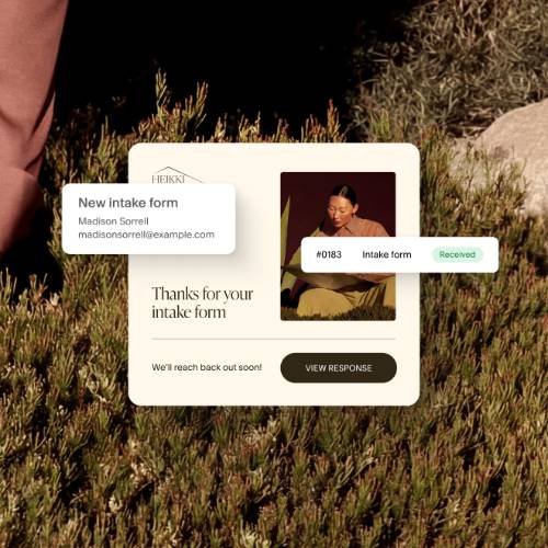 A "New intake form" notification and an intake-form confirmation card reading "Thanks for your intake form" with a "View response" button.