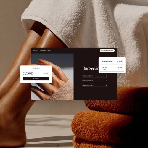 An "Our Services" website mockup listing a $1,250.00 service, overlaid on a photo of hands holding a phone beside stacked spa towels.