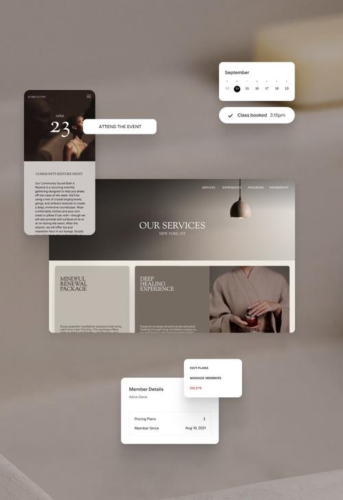 A composite of Squarespace mockups: a mobile event page promoting an Achelous Pump night on April 23 with an “Attend the event” button; a desktop “Our Services” page for Achelous Spa featuring Mindful Renewal and Deep Healing packages; a September calendar with a “Class booked 3:15pm” notification; and a Member Details panel listing pricing plans and member-since dates.