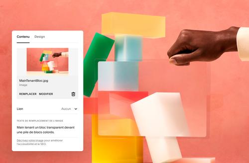 Aperçu de la fonctionnalité d’accessibilité d’un éditeur de site web affichant l’image téléchargée d’une main tenant un bloc transparent. L’écran de l’éditeur permet à l’utilisateur de modifier le nom du fichier et d’ajouter un texte de remplacement.