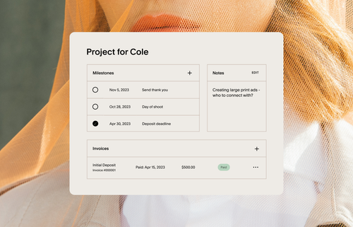 Squarespace project dashboard highlights upcoming project milestones, important notes, and active invoices.