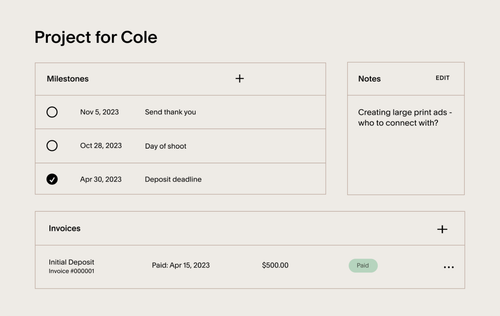 Squarespace project dashboard highlights upcoming project milestones, important notes, and active invoices.