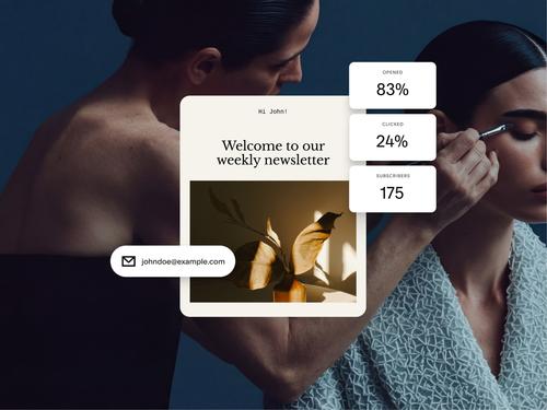 Le design d’une newsletter par e-mail présentant les statistiques d’une campagne e-mail, dont 83 % d’ouverture, 24 % de clics et 175 abonnés.
