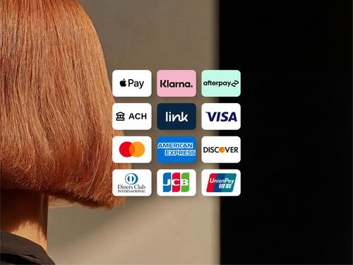 Une grille de logos pour divers modes de paiement et cartes de crédit, dont Apple Pay, Klarna, Afterpay, ACH, Visa, Mastercard, American Express et Discover.