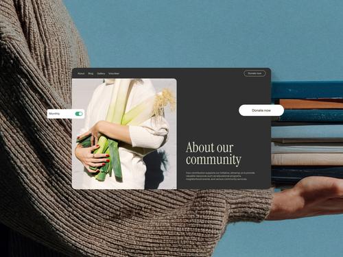 A website mockup for a community group with an 'About our community' section, a 'Donate now' button, and a toggle for 'Monthly' donations.
