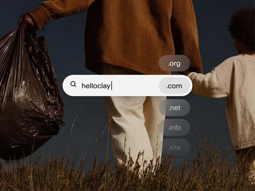 A search bar showing a query for a custom domain name with a dropdown menu listing various domain extensions like .com, .org, .net, .info, and .site.