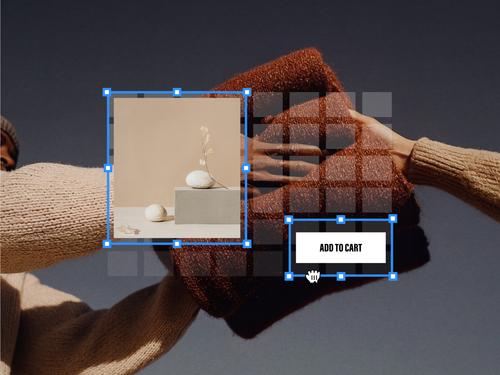 A web design mockup showing an image box and an 'ADD TO CART' button, both highlighted with blue selection borders, next to a grid layout.