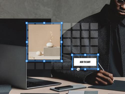 그리드 레이아웃 옆에 파란색 선택 테두리로 강조 표시된 이미지 상자와 '장바구니에 추가' 버튼이 있는 웹 디자인 목업