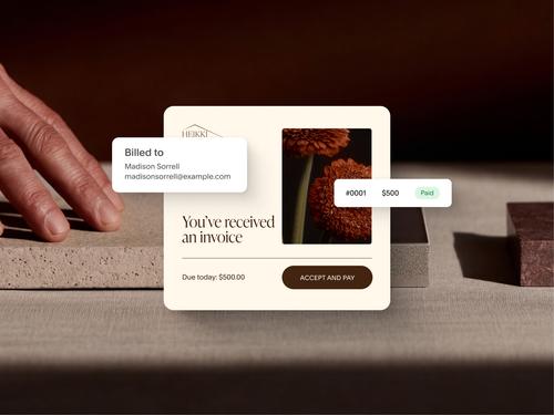 $500에 대한 '인보이스를 받았습니다'라는 알림과 '청구 대상' 섹션, '수락 및 결제' 버튼, 인보이스 #0001의 '결제 완료' 상태를 보여주는 디지털 인보이스 알림