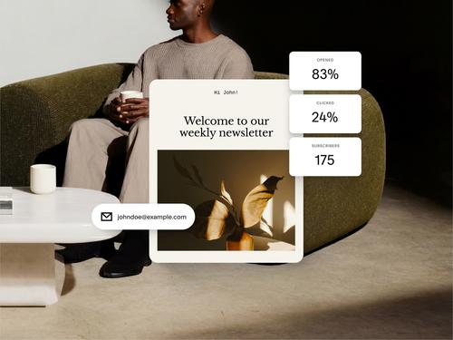 83% 열람률, 24% 클릭률, 175명의 구독자 등 이메일 캠페인 통계를 보여주는 이메일 뉴스레터 디자인