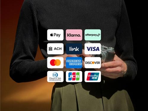 Apple Pay, Klarna, Afterpay, ACH, Visa, Mastercard, American Express, Discover 등 다양한 글로벌 결제 수단 및 신용 카드의 로고가 배열된 그리드.