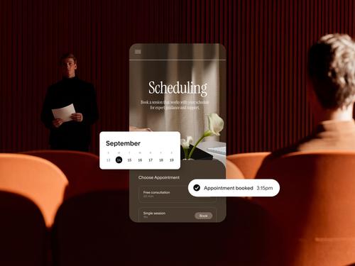 9월 달력과 ;무료 상담' 등의 예약 유형 선택 항목, 오후 3:15에 예약이 완료되었음을 보여주는 모바일 예약 인터페이스