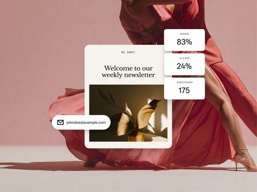 83% 열람률, 24% 클릭률, 175명의 구독자 등 이메일 캠페인 통계를 보여주는 이메일 뉴스레터 디자인