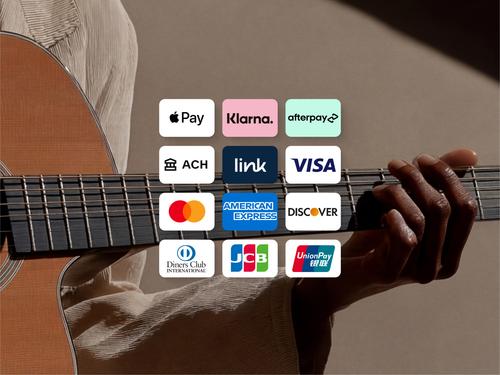 Apple Pay, Klarna, Afterpay, ACH, Visa, Mastercard, American Express, Discover 등 다양한 글로벌 결제 수단 및 신용 카드의 로고가 배열된 그리드.