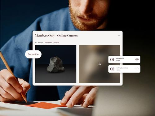 이미지 타일과 강의 목록을 표시하고, '구독하기' 버튼과 함께 유료 또는 제한된 멤버십 기능을 나타내는 '회원 전용 온라인 강좌' 인터페이스