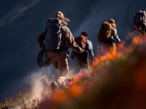 곳곳에 주황색과 분홍색 야생화가 피어 있는 가파르고 먼지 낀 산길을 빠르게 건너고 있는 등산객 무리의 뒷모습