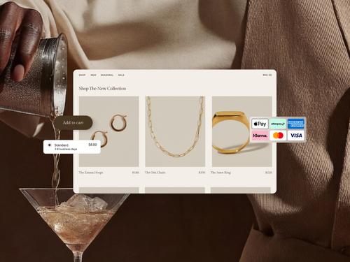 가격, '장바구니에 추가' 버튼, 배송 옵션, Apple Pay, Klarna, Visa 등 다양한 결제 수단 로고와 함께 주얼리 제품을 표시하는 온라인 상점 목업