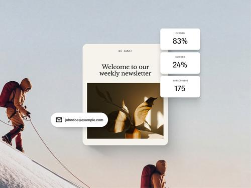 83% 열람률, 24% 클릭률, 175명의 구독자 등 이메일 캠페인 통계를 보여주는 이메일 뉴스레터 디자인