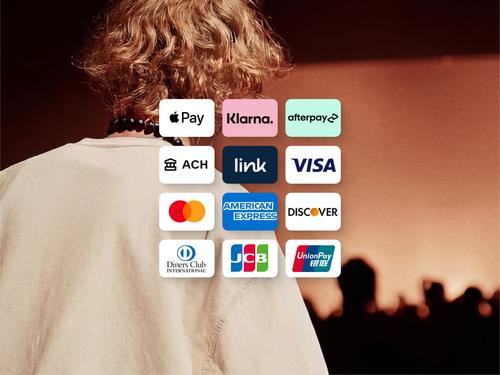 Apple Pay, Klarna, Afterpay, ACH, Visa, Mastercard, American Express, Discover 등 다양한 글로벌 결제 수단 및 신용 카드의 로고가 배열된 그리드.