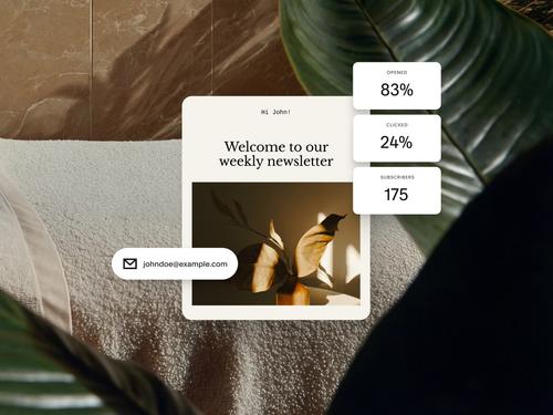 83% 열람률, 24% 클릭률, 175명의 구독자 등 이메일 캠페인 통계를 보여주는 이메일 뉴스레터 디자인