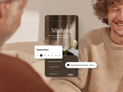 Interface móvel de agendamento com um calendário em setembro, uma seleção de tipos de sessão (como "Consulta gratuita") e a confirmação de uma "Sessão agendada" realizada às 3h15 da tarde.
