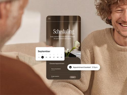 9월 달력과 ;무료 상담' 등의 예약 유형 선택 항목, 오후 3:15에 예약이 완료되었음을 보여주는 모바일 예약 인터페이스