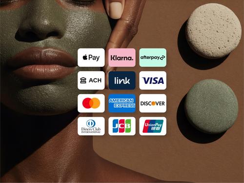 Apple Pay, Klarna, Afterpay, ACH, Visa, Mastercard, American Express, Discover 등 다양한 글로벌 결제 수단 및 신용 카드의 로고가 배열된 그리드.