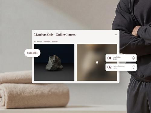 이미지 타일과 강의 목록을 표시하고, '구독하기' 버튼과 함께 유료 또는 제한된 멤버십 기능을 나타내는 '회원 전용 온라인 강좌' 인터페이스