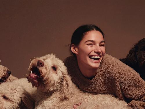 Une femme qui rit joyeusement, allongée au milieu de plusieurs chiens avec beaucoup de poils de couleur crème, suggérant le bonheur et des soins portés aux animaux.