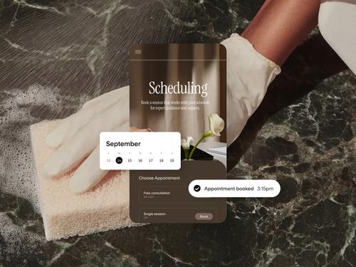 9월 달력과 ;무료 상담' 등의 예약 유형 선택 항목, 오후 3:15에 예약이 완료되었음을 보여주는 모바일 예약 인터페이스