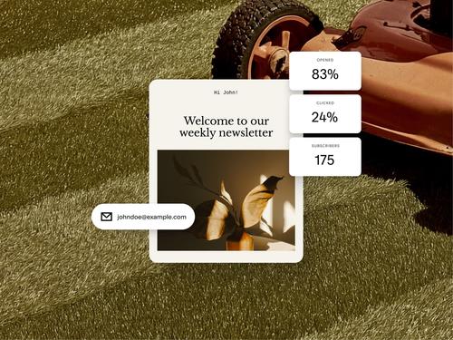 83% 열람률, 24% 클릭률, 175명의 구독자 등 이메일 캠페인 통계를 보여주는 이메일 뉴스레터 디자인