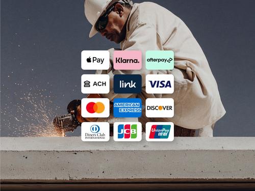 Apple Pay, Klarna, Afterpay, ACH, Visa, Mastercard, American Express, Discover 등 다양한 글로벌 결제 수단 및 신용 카드의 로고가 배열된 그리드.